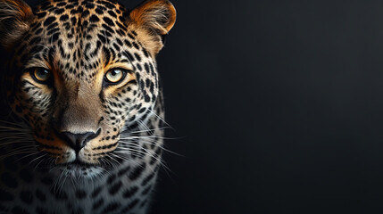 Obraz premium Front view of leopard on gray background. Wild animals banner with copy space