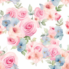 Seamless pattern, Hand drawn watercolor bouquet of roses flowers in pastel colors.