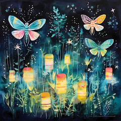 an ephemeral oasis featuring tribal motifs, abstract fireflies with watercolor-inspired strokes