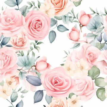 Seamless pattern, Hand drawn watercolor bouquet of roses flowers in pastel colors.