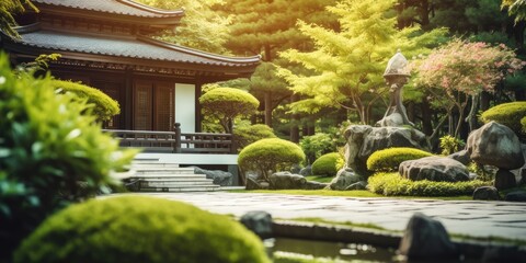 Japanese Zen temple nestled in serene landscape - a tranquil haven, an Asian cultural gem.