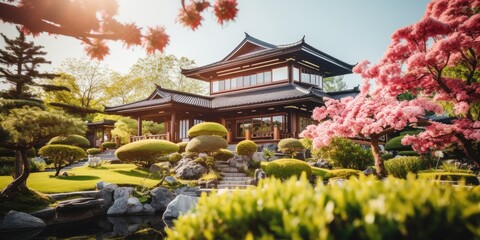 A beautiful Japanese temple, surrounded by a serene garden, embodying ancient Buddhist and Shinto traditions.