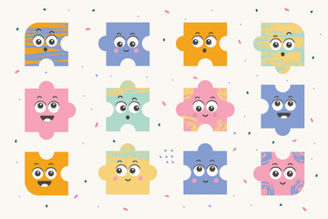 Cartoon style Puzzles with Faces Flat design.