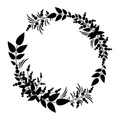 Round frame black silhouette of branches with leaves and berries, isolated on a white background. Vector frame for wedding, holiday cards, invitations.