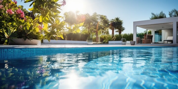 Luxurious summer retreat with a clear blue pool, modern design, and inviting lounge chairs