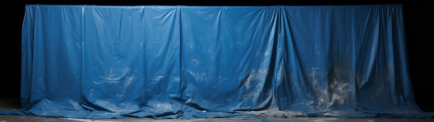 A tarpaulin laid out on a floor speckled with drips of blue paint, the upper part of the frame...