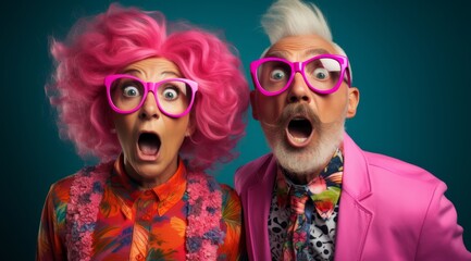 A Vibrant Elderly Couple with Pink Hair and Glasses on a Fun Colourful Background. A man and a woman with pink hair and glasses - obrazy, fototapety, plakaty