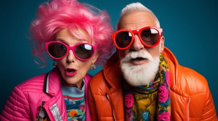 A Vibrant Elderly Couple with Pink Hair and Glasses on a Fun Colourful Background. A man and a woman with pink hair and glasses - obrazy, fototapety, plakaty