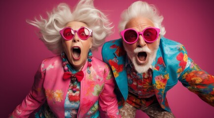 Fototapeta na wymiar A Playful Elderly Couple in Matching Pink Sunglasses and Colourful Mismatched Clothing. A man and woman wearing pink sunglasses and fun multicoloured clothing