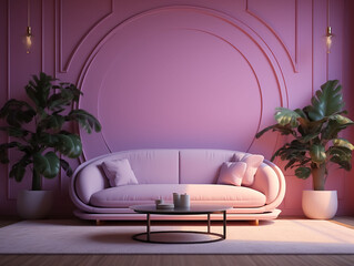 lavender color sofa and a pillow and peach wall background color.