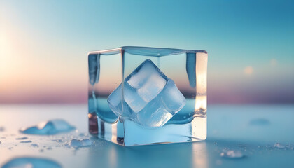 The view of an ice four cube with the inside write 2024 background is a deep sky-blue color.  Ai Generative