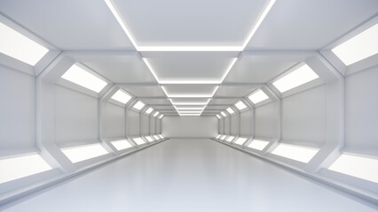 Illuminated corridor interior design. 3D rendering
