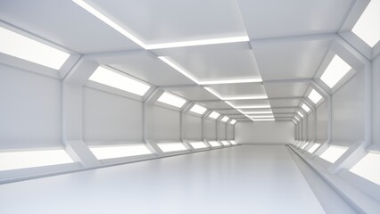 Illuminated corridor interior design. 3D rendering	