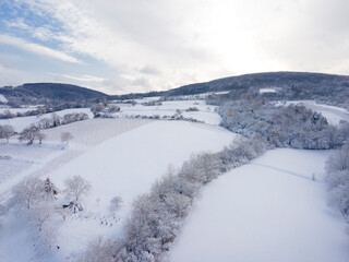 aerial drone flight over beautiful winterwonderland, lower austria, lot of snow