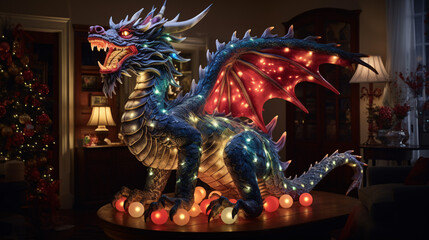 A joyous dragon-themed Yuletide revelry with vivacious adornments, containing dragon figurines, scintillating illuminations, and familial blissful occasions.