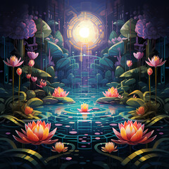 a pixelated whirlwind featuring jungle elements, abstract lotus elements influenced by quantum mechanics