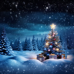 Christmas Tree And Gift Boxes On Snow In Night With Shiny Star and Forest