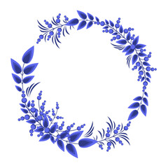 Round frame of branches with leaves and berries in blue tones, isolated on a white background. Vector frame for wedding, holiday cards, invitations.