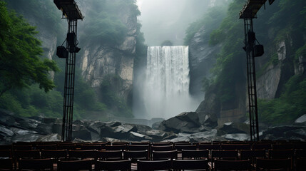 Waterfall cinema on high platform cascading water and cliff backdrop - obrazy, fototapety, plakaty