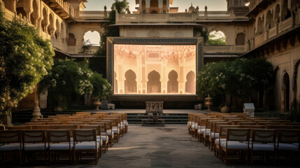 Fototapeta premium Elegant outdoor cinema in ornate palace courtyard lantern-lit beauty