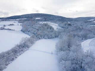 aerial drone flight over beautiful winterwonderland, lower austria, lot of snow