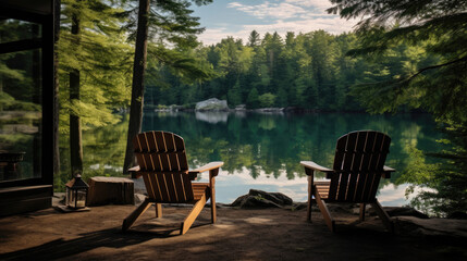 Lakeside cinema with screen reflection in calm water tranquil nature