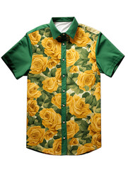 Luxury Yellow And Green Short Sleeve Men_s shirt With Roses Pattern On Transparent Background