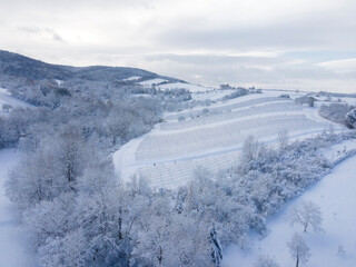 aerial drone flight over beautiful winterwonderland, lower austria, lot of snow