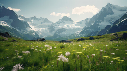 Alpine meadow picturesque mountain views - obrazy, fototapety, plakaty