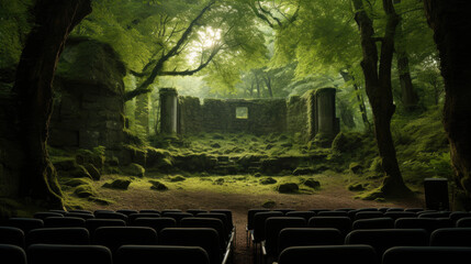 Cinema in forest glade framed by trees whispers of nature's magic