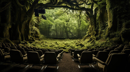 Enchanting forest glade cinema natural tree archway mossy seating - obrazy, fototapety, plakaty
