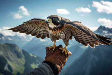 Hand holding a Falcon ready to fly. Beautiful bird is hunting a pray. Falconry