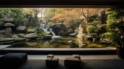 Japanese garden cinema serene koi pond bonsai cherry blossom ambiance