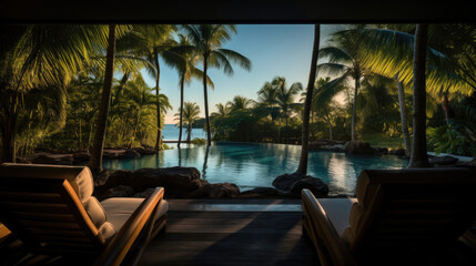 Private island cinema palm trees crystal clear water backdrop