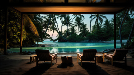 Fototapeta premium Exclusive cinema on private island swaying palms clear water view