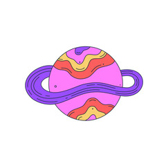Isolated fictional abstract colorful planet with wavy ring on white background. Pink and purple colors. Space object in surrealistic cartoon style. Sticker, print on a T-shirt. Vector illustration