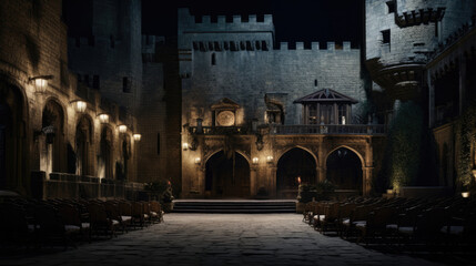 Castle courtyard cinema medieval architecture torchlit ambiance