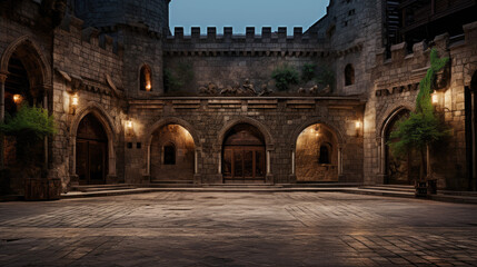 Regal cinema in castle courtyard medieval setting torchlit walls - obrazy, fototapety, plakaty