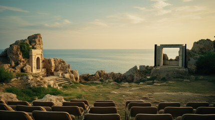 Ancient Greek cinema in amphitheater sea backdrop mythical aura - obrazy, fototapety, plakaty