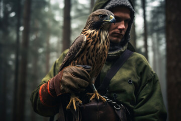 Man holding a beautiful Falcon close up, falconry