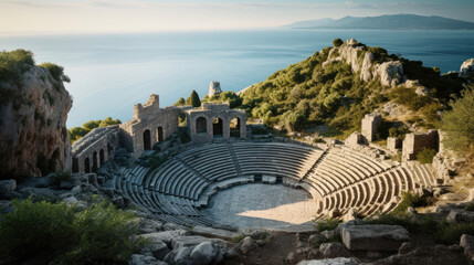 Mythical grandeur cinema in Grecian ruins sea view screen - obrazy, fototapety, plakaty