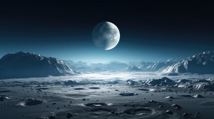 Lunar cinema screen against moon landscape Earthrise view