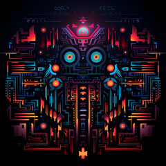 a pixelated symphony featuring tribal motifs during nightfall, influenced by quantum mechanics