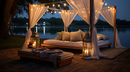 Fototapeta premium Lakeside Cinema Canopy Beds Water's Edge Screen Romantic Ambiance
