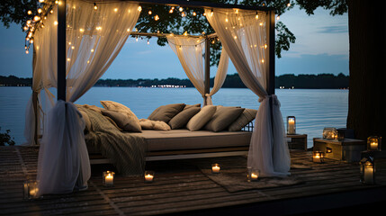Obraz premium Luxurious Lakeside Film Viewing Comfy Canopy Seating Starry Night