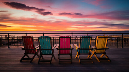 Fototapeta na wymiar Pier Film Experience Seaside Setting Cushioned Seats