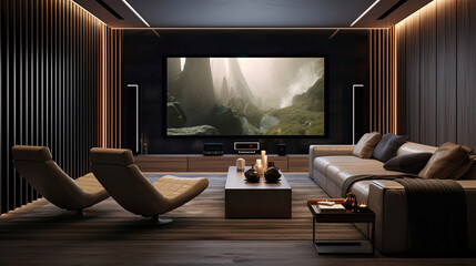 Zen-Inspired Cinema Earth Tone Seating Bamboo Walls 4K Screen