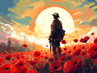 Colorful art style of a soldier in a red poppies field on Anzac day - obrazy, fototapety, plakaty