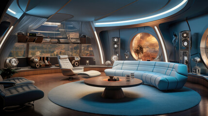 Sci-Fi Inspired Home Theater Vibrant Seating 8K TV - obrazy, fototapety, plakaty