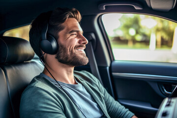 Handsome man in his 30s sitting in the driver's seat and smiling. Taxi driver listening to music on the car and changing the radio station. - obrazy, fototapety, plakaty